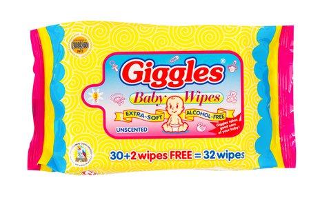 Giggles Baby Wipes Unscented 30 + 2 Wipes Free