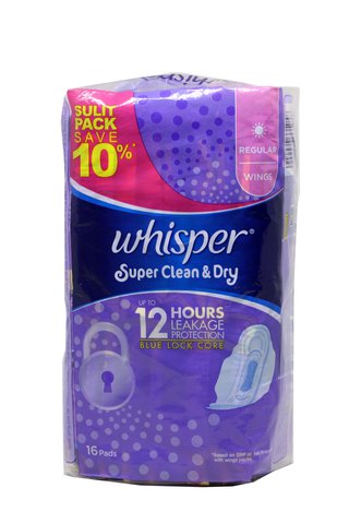 Whisper Super Clean &amp; Dry Regular Flow with Wings Sanitary Napkins 16 pcs /pack