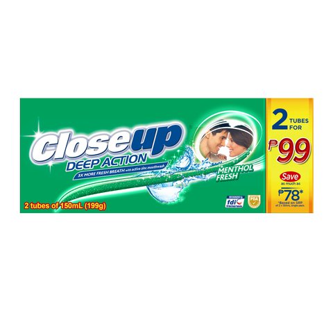 Close Up Toothpaste Deep Action Menthol Fresh Green Promo 2 For 119 2 pcs x 150 ml