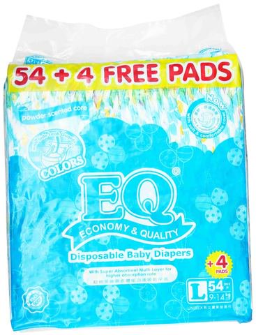 EQ Colors Disposable Baby Diapers + 4 Pads - Large 58 pcs /pack