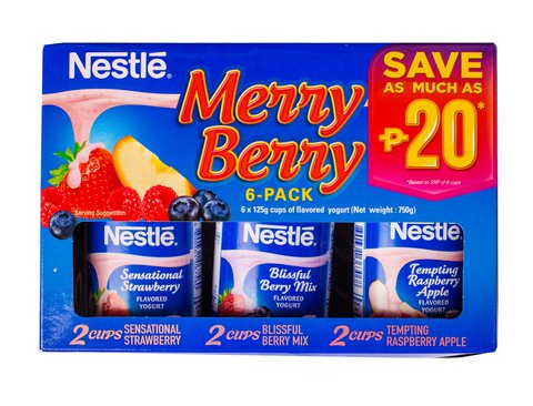 Nestle Merry Berry Multipack Flavored Yogurt (Sensational Strawberry, Blissful Berry Mix, Tempting Raspberry Apple) 1 pack (6 cups x 125 g)