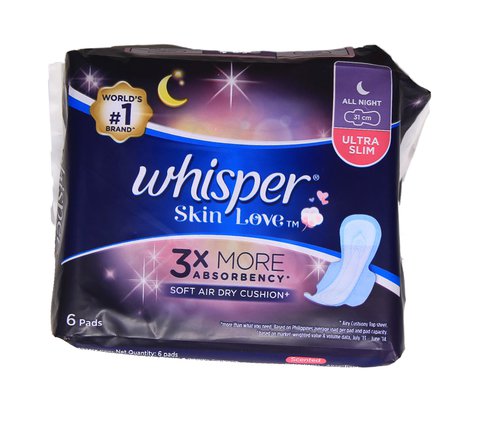 Whisper Skin Love All Night Ultra Slim Sanitary Napkins 31cm 6 pcs /pack